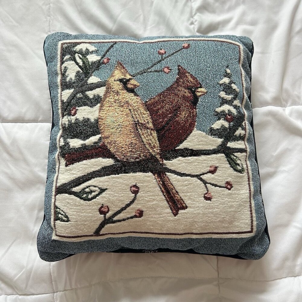 Vtg‎ Cardinal Needlepoint Accent Throw Pillow Winter Forest Blue Red Birds